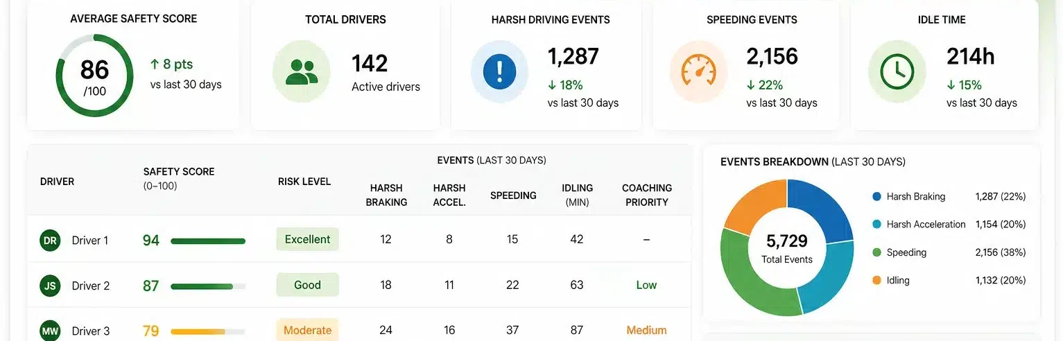 Driver safety scorecard dashboard showing fleet performance metrics, risk bands, and coaching priorities.