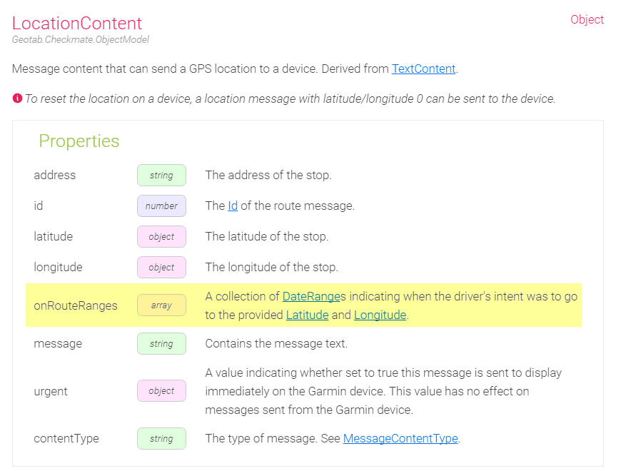 onrouteranges locationcontent object geotab sdk