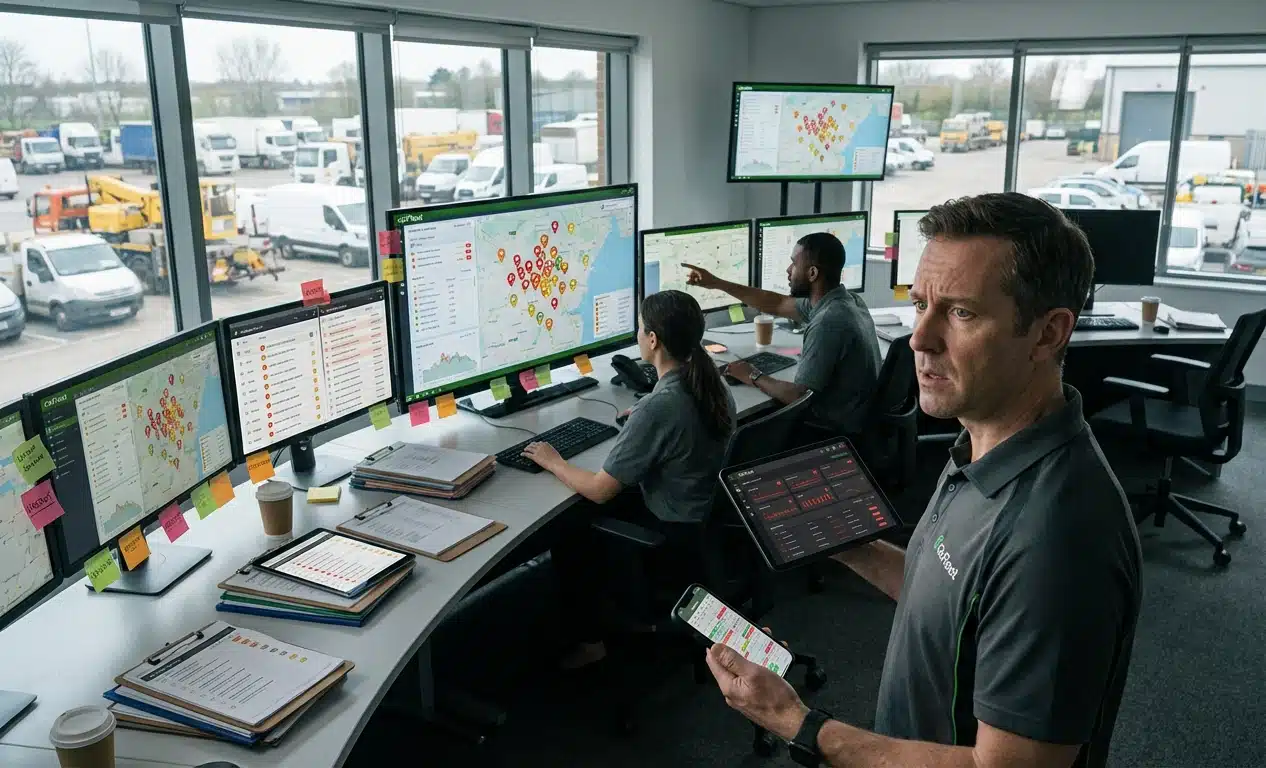 Fleet safety team managing vehicles and real-time alerts across connected dispatch dashboards